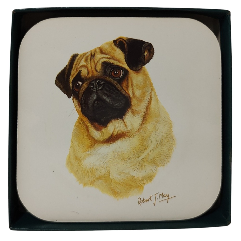 Dog Pug Drink Coasters Cork‎ Lot of Four 1993 Artist Robert J May Puppy Lover
